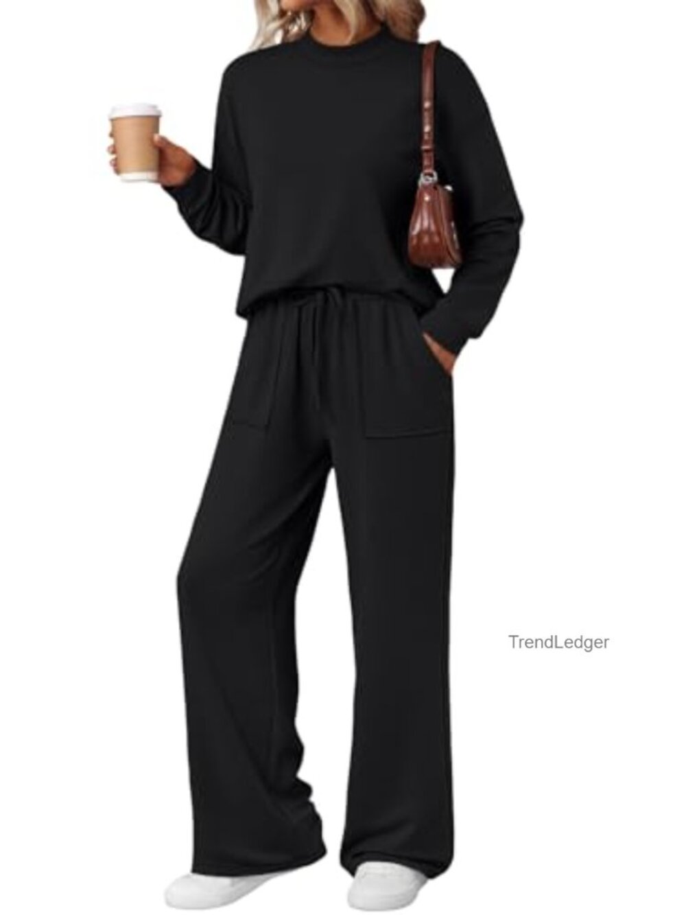 LILLUSORY Lounge Set Mock Neck Top Wide Leg Drawstring Pants Pockets